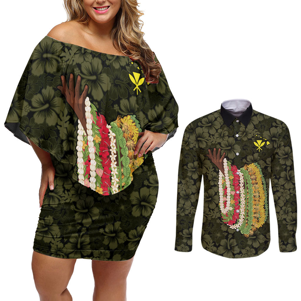 Hawaii Lei Kamehameha Couples Matching Off Shoulder Short Dress and Long Sleeve Button Shirt Melemele Seamless Pattern Hibiscus Flower LT9 Yellow - Polynesian Pride