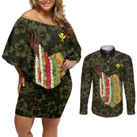 Hawaii Lei Kamehameha Couples Matching Off Shoulder Short Dress and Long Sleeve Button Shirt Melemele Seamless Pattern Hibiscus Flower LT9 Yellow - Polynesian Pride