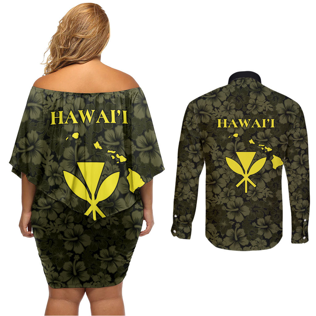 Hawaii Lei Kamehameha Couples Matching Off Shoulder Short Dress and Long Sleeve Button Shirt Melemele Seamless Pattern Hibiscus Flower LT9 - Polynesian Pride