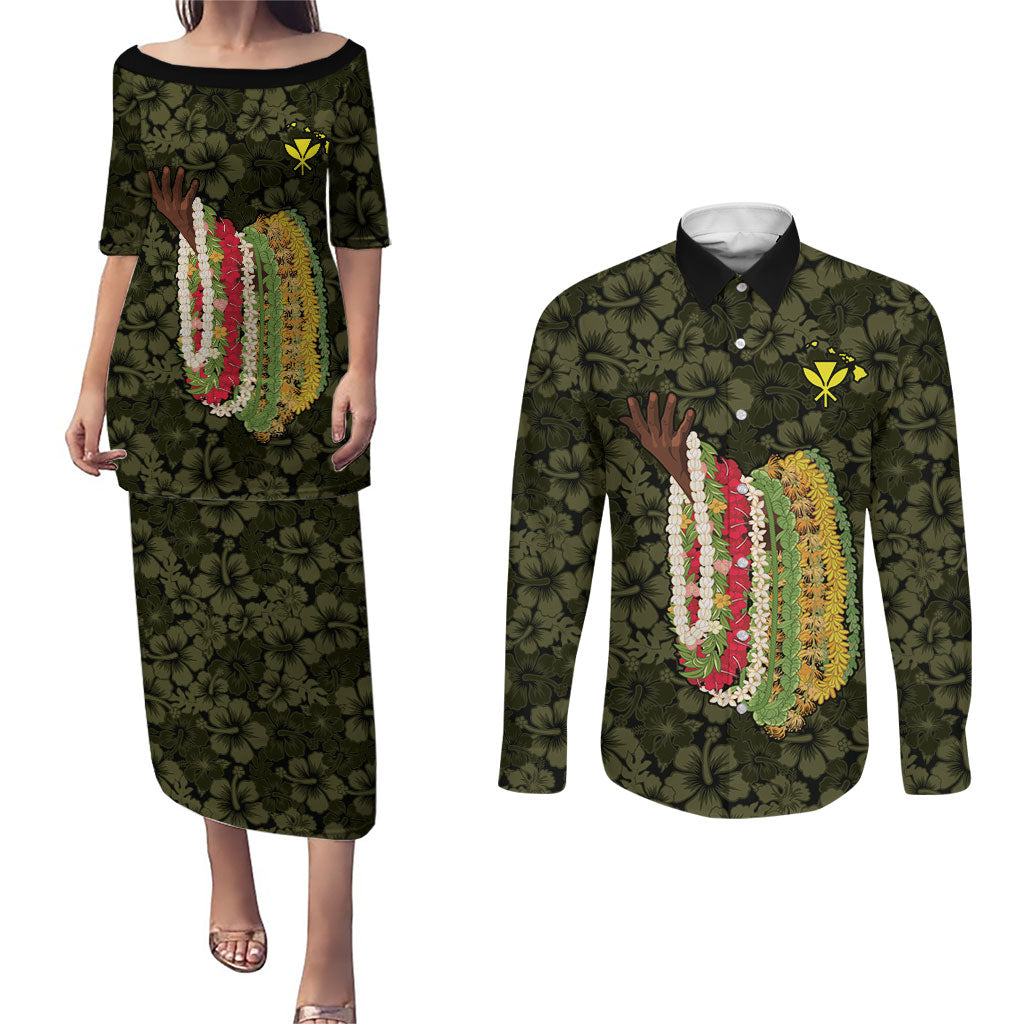 Hawaii Lei Kamehameha Couples Matching Puletasi and Long Sleeve Button Shirt Melemele Seamless Pattern Hibiscus Flower