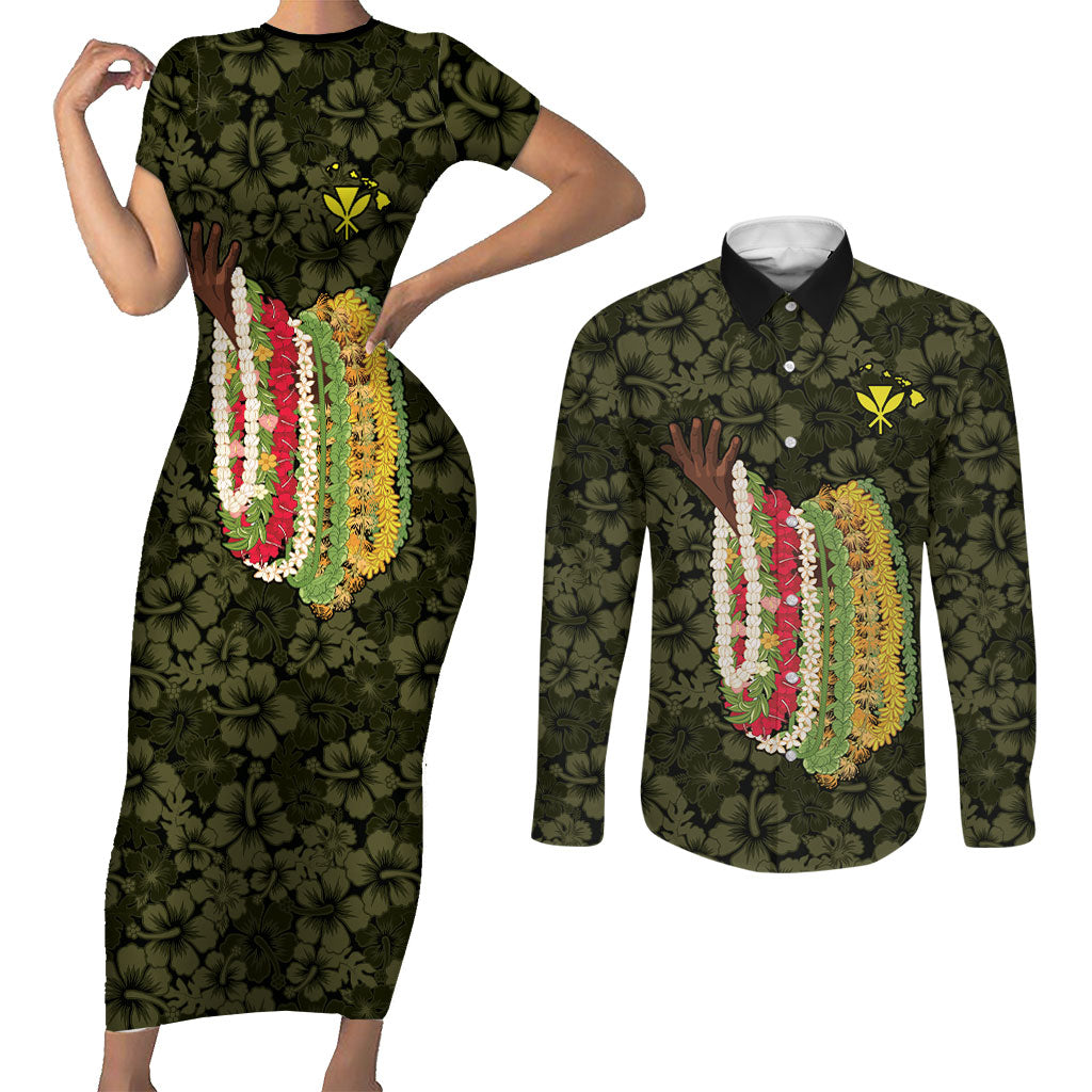 Hawaii Lei Kamehameha Couples Matching Short Sleeve Bodycon Dress and Long Sleeve Button Shirt Melemele Seamless Pattern Hibiscus Flower LT9 Yellow - Polynesian Pride