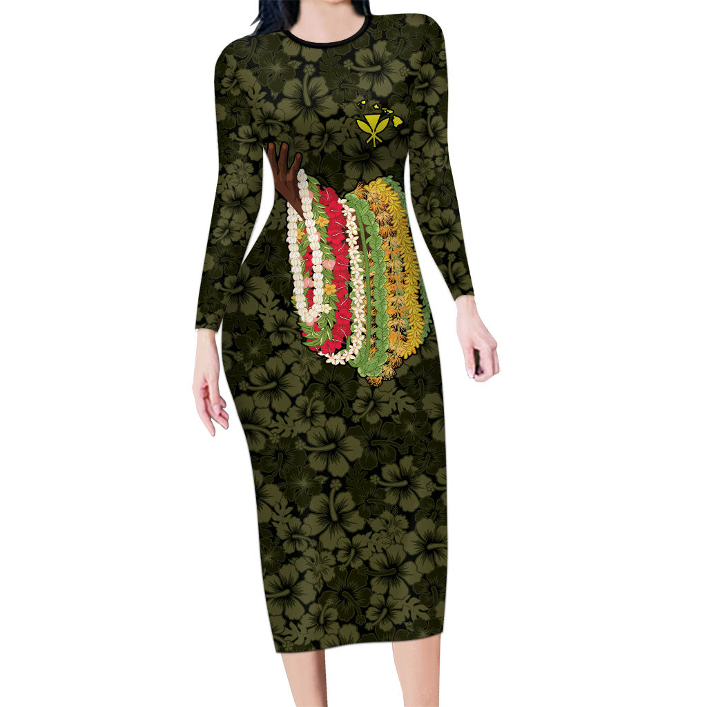 Hawaii Lei Kamehameha Long Sleeve Bodycon Dress Melemele Seamless Pattern Hibiscus Flower