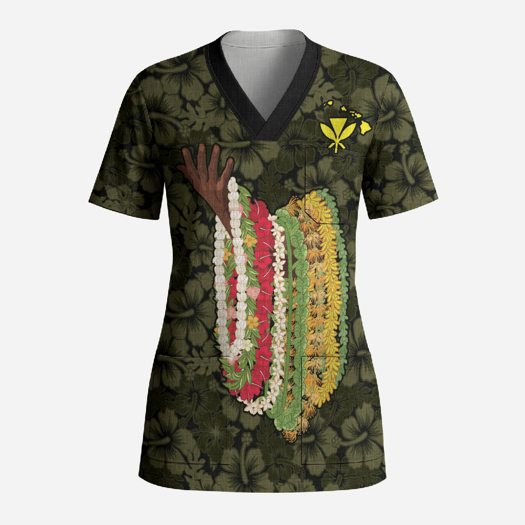 Hawaii Lei Kamehameha Scrub Top Melemele Seamless Pattern Hibiscus Flower