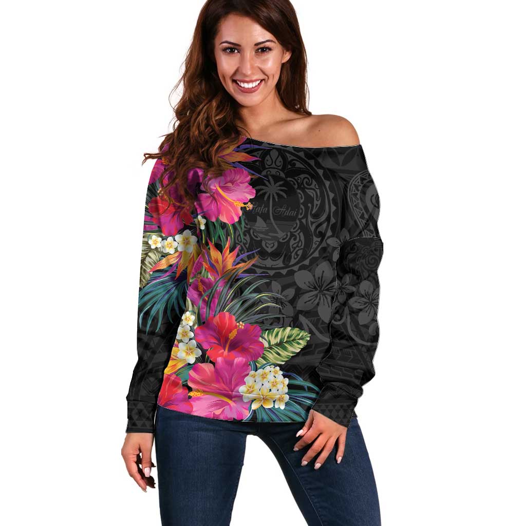 Hafa Adai Guam Off Shoulder Sweater Tropical Flowers Colorful Vibes