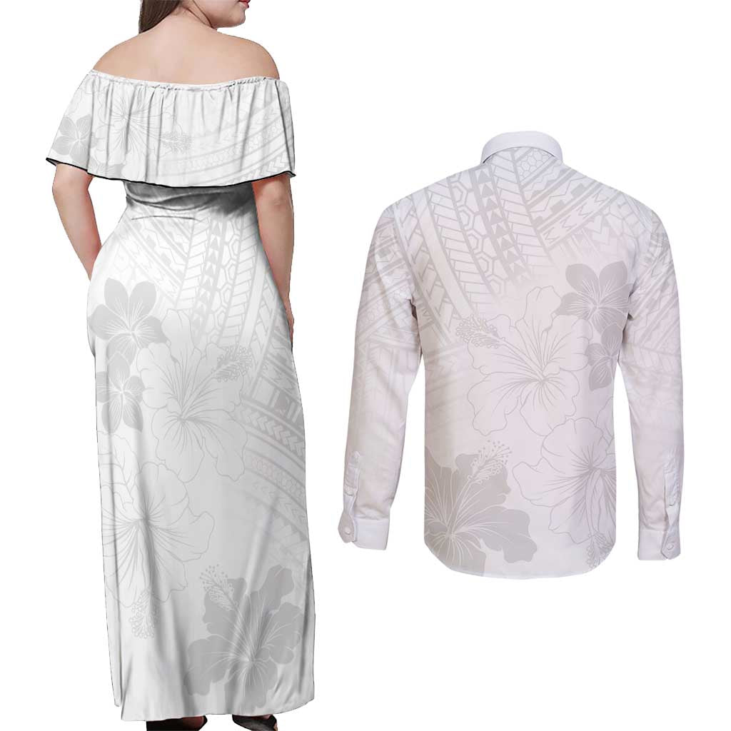 Samoa Lotu Tamaiti Couples Matching Off Shoulder Maxi Dress and Long Sleeve Button Shirt White Sun Day Beauty Hibiscus Ver02