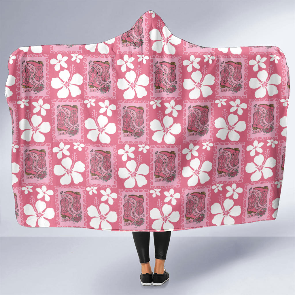 Give Cancer The Boot Pink Cowgirl Hooded Blanket Western Aloha Hibiscus Paniolo Heritage Floral LT9 One Size Pink - Polynesian Pride