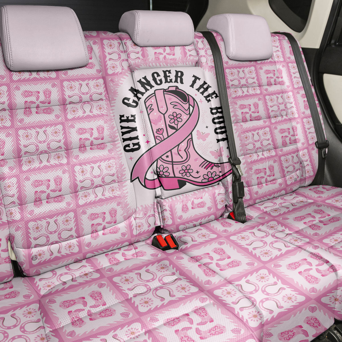 Give Cancer The Boot Pink Cowgirl Back Car Seat Cover Hawaiian Paniolo Mixed Quilt Pattern Style LT9 - Polynesian Pride