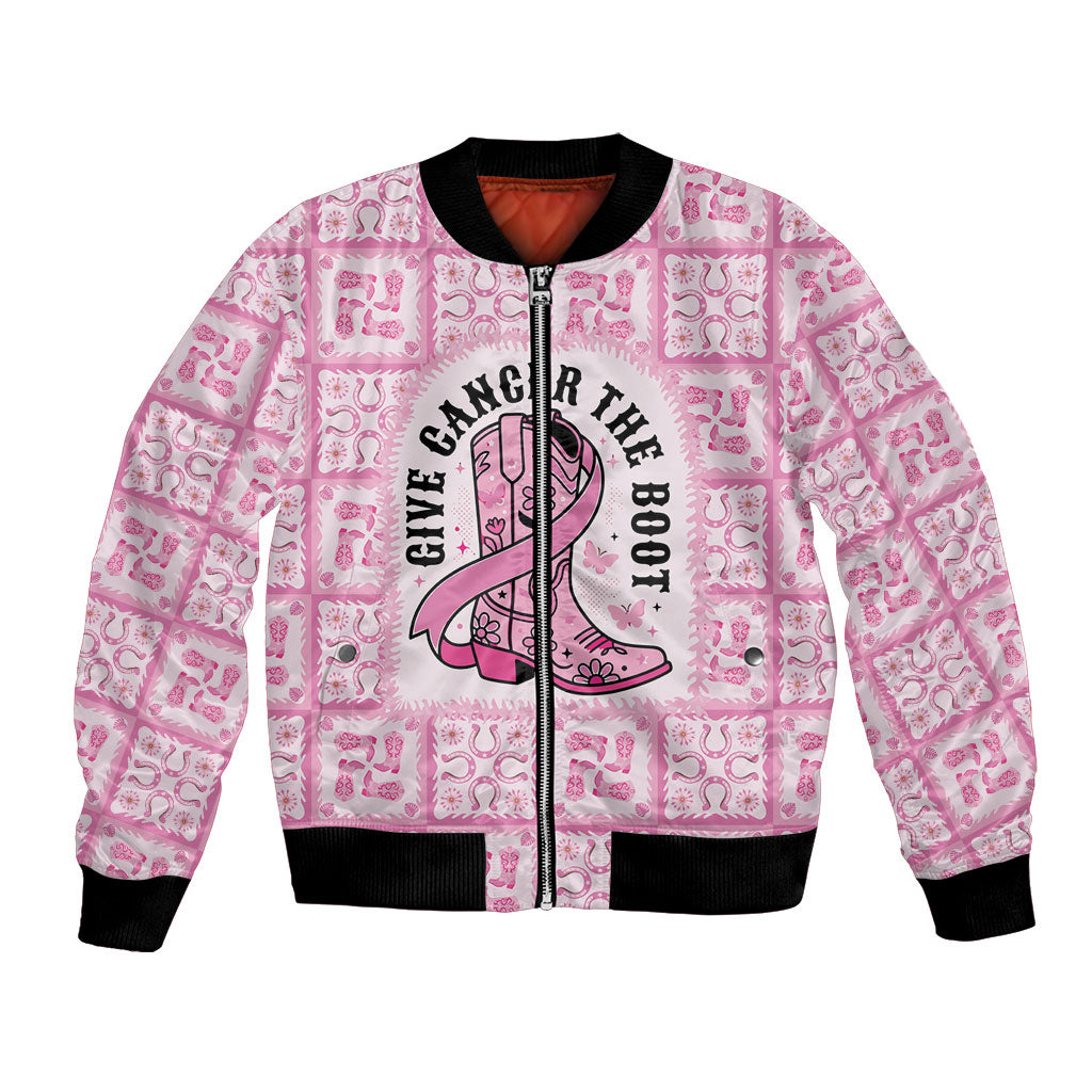 Give Cancer The Boot Pink Cowgirl Bomber Jacket Hawaiian Paniolo Mixed Quilt Pattern Style