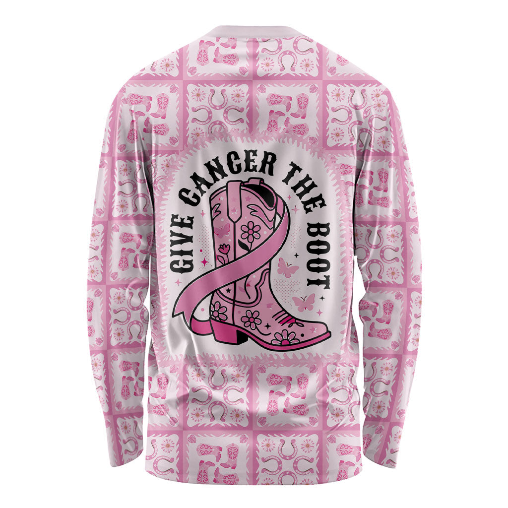 Give Cancer The Boot Pink Cowgirl Long Sleeve Shirt Hawaiian Paniolo Mixed Quilt Pattern Style LT9 - Polynesian Pride
