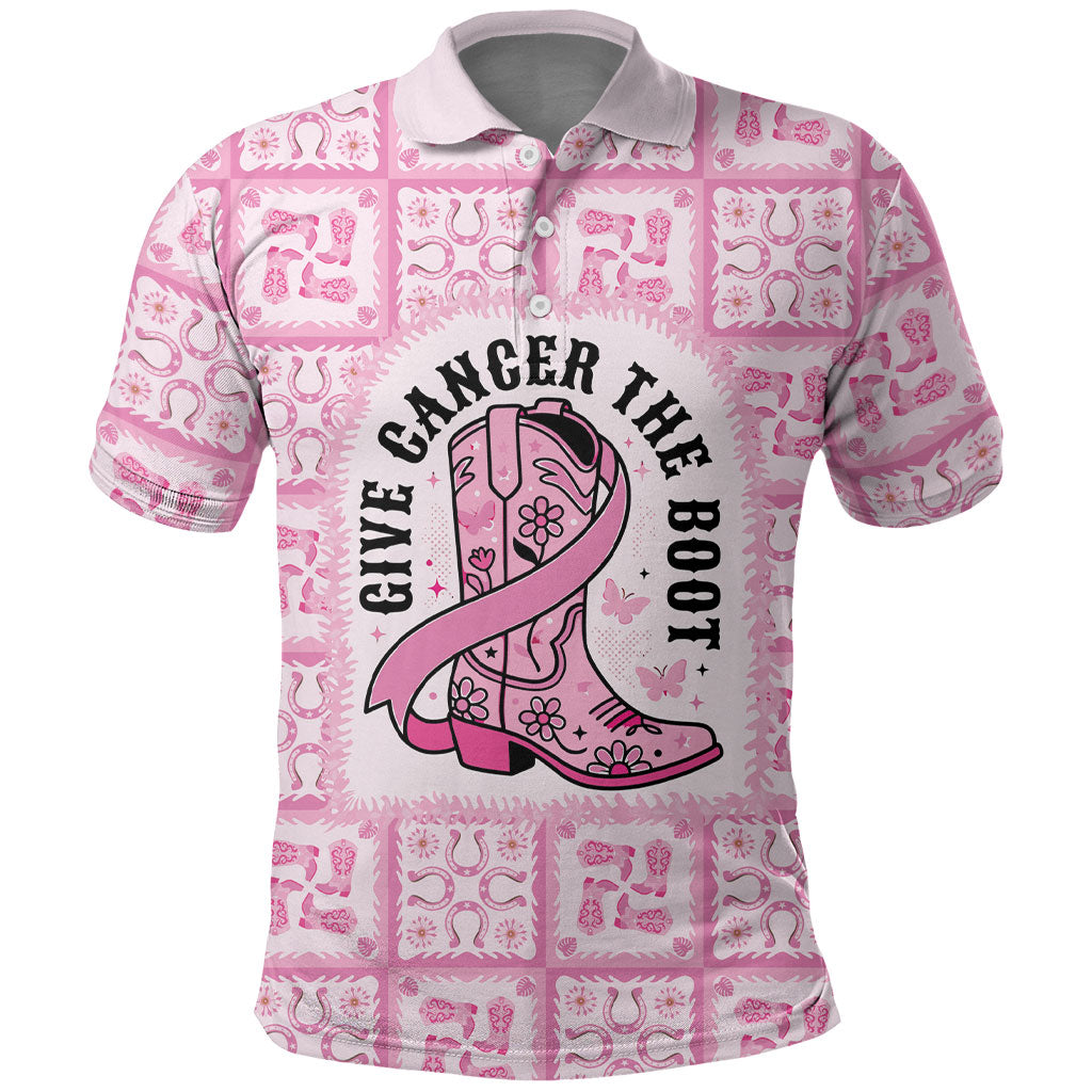 Give Cancer The Boot Pink Cowgirl Polo Shirt Hawaiian Paniolo Mixed Quilt Pattern Style LT9 Pink - Polynesian Pride