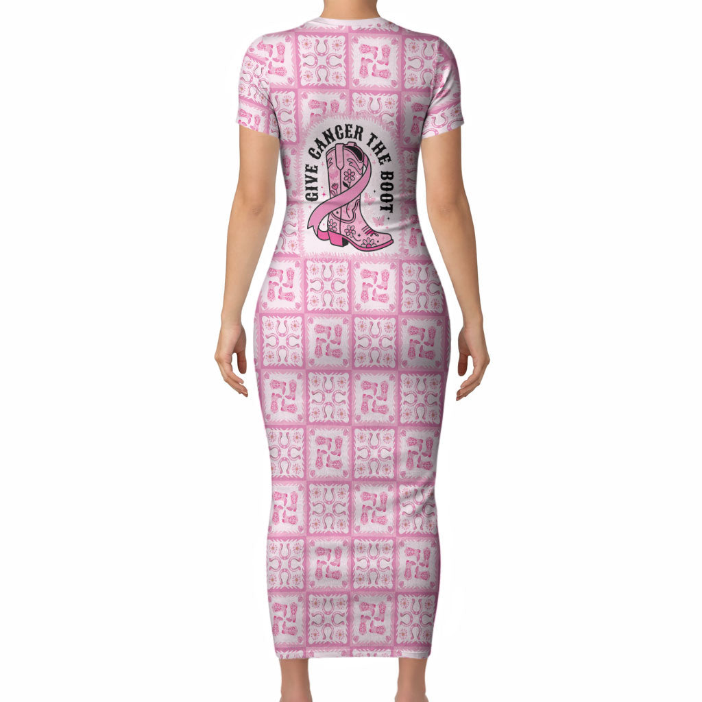 Give Cancer The Boot Pink Cowgirl Short Sleeve Bodycon Dress Hawaiian Paniolo Mixed Quilt Pattern Style LT9 - Polynesian Pride