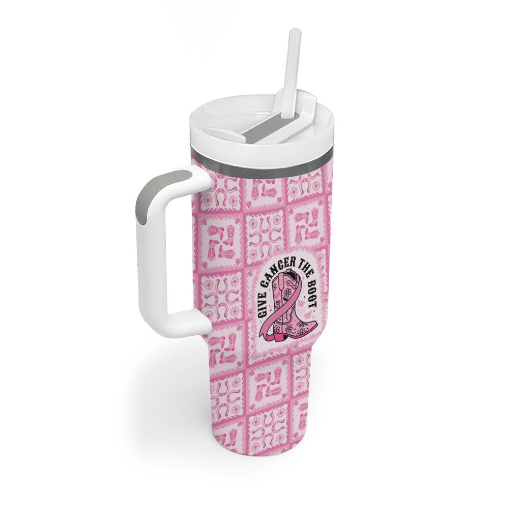 Give Cancer The Boot Pink Cowgirl Tumbler With Handle Hawaiian Paniolo Mixed Quilt Pattern Style LT9 - Polynesian Pride