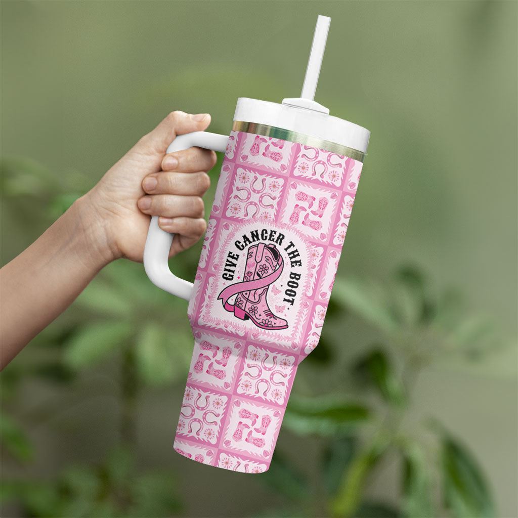 Give Cancer The Boot Pink Cowgirl Tumbler With Handle Hawaiian Paniolo Mixed Quilt Pattern Style LT9 - Polynesian Pride