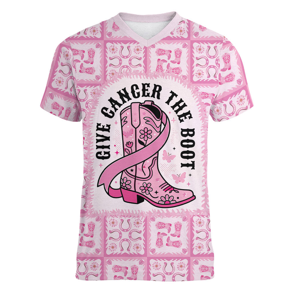 Give Cancer The Boot Pink Cowgirl Women V-Neck T-Shirt Hawaiian Paniolo Mixed Quilt Pattern Style LT9 Female Pink - Polynesian Pride