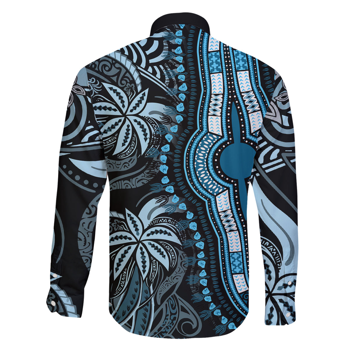 polynesia-dashiki-family-matching-off-shoulder-long-sleeve-dress-and-hawaiian-shirt-polynesia-and-africa-traditional-special-together-blue
