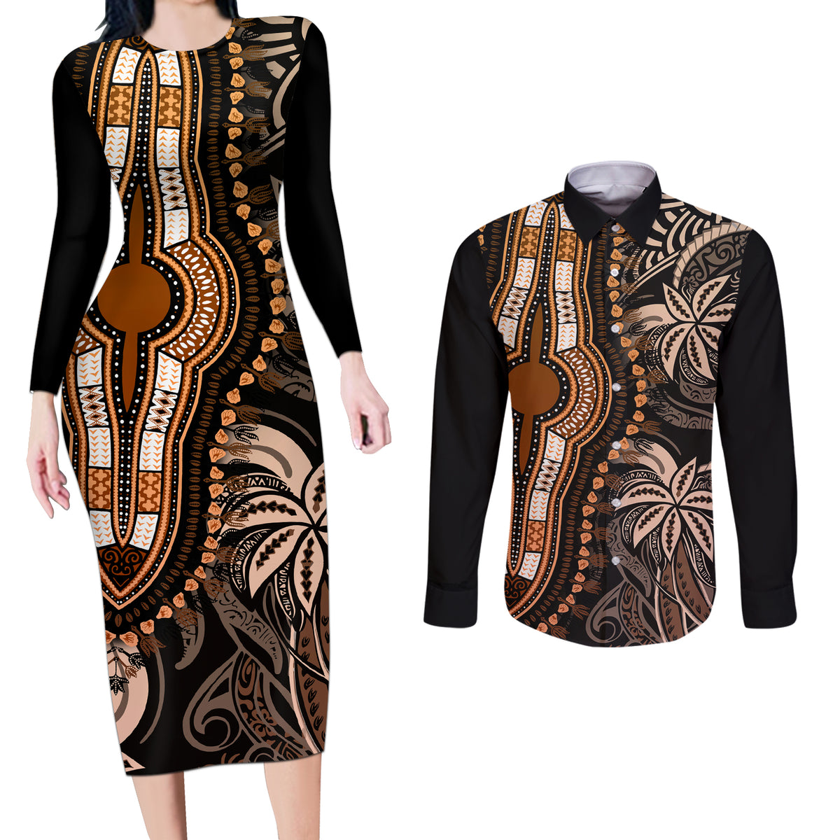 Polynesia Dashiki Couples Matching Long Sleeve Bodycon Dress and Long Sleeve Button Shirts Polynesia and Africa Traditional Special Together Gold LT9 Gold - Polynesian Pride