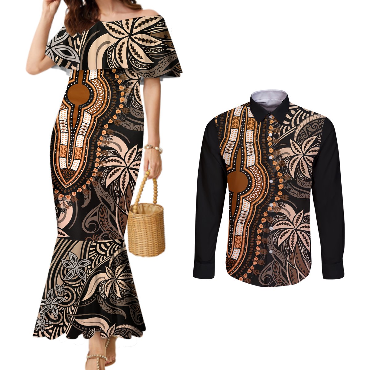 polynesia-dashiki-couples-matching-mermaid-dress-and-long-sleeve-button-shirts-polynesia-and-africa-traditional-special-together-gold