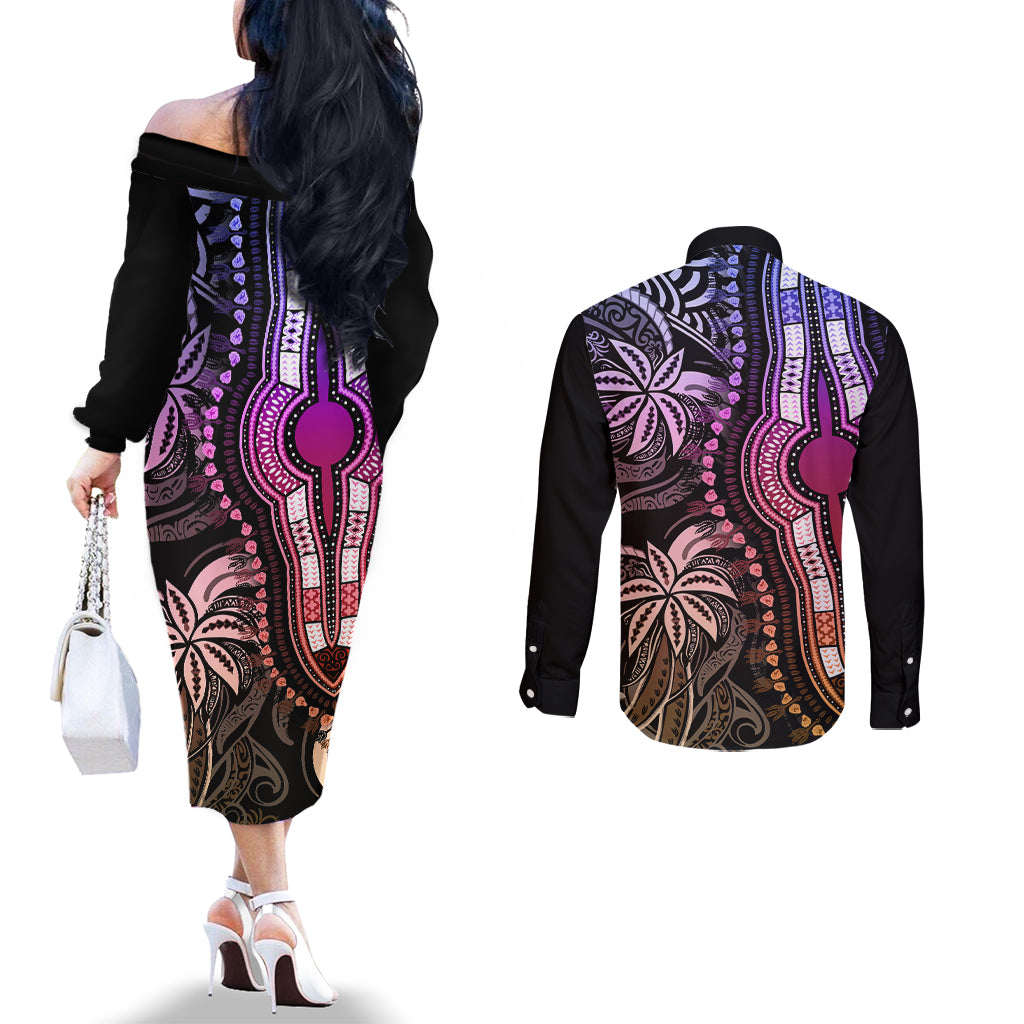 Polynesia Dashiki Couples Matching Off The Shoulder Long Sleeve Dress and Long Sleeve Button Shirts Polynesia and Africa Traditional Special Together Pastel LT9 - Polynesian Pride
