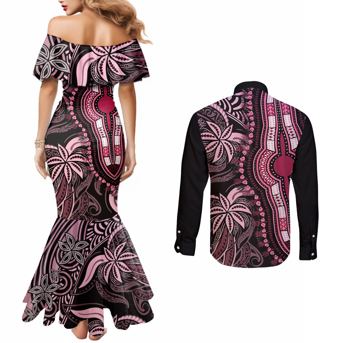 polynesia-dashiki-couples-matching-mermaid-dress-and-long-sleeve-button-shirts-polynesia-and-africa-traditional-special-together-pink