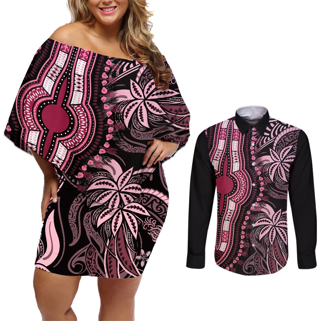 polynesia-dashiki-couples-matching-off-shoulder-short-dress-and-long-sleeve-button-shirts-polynesia-and-africa-traditional-special-together-pink