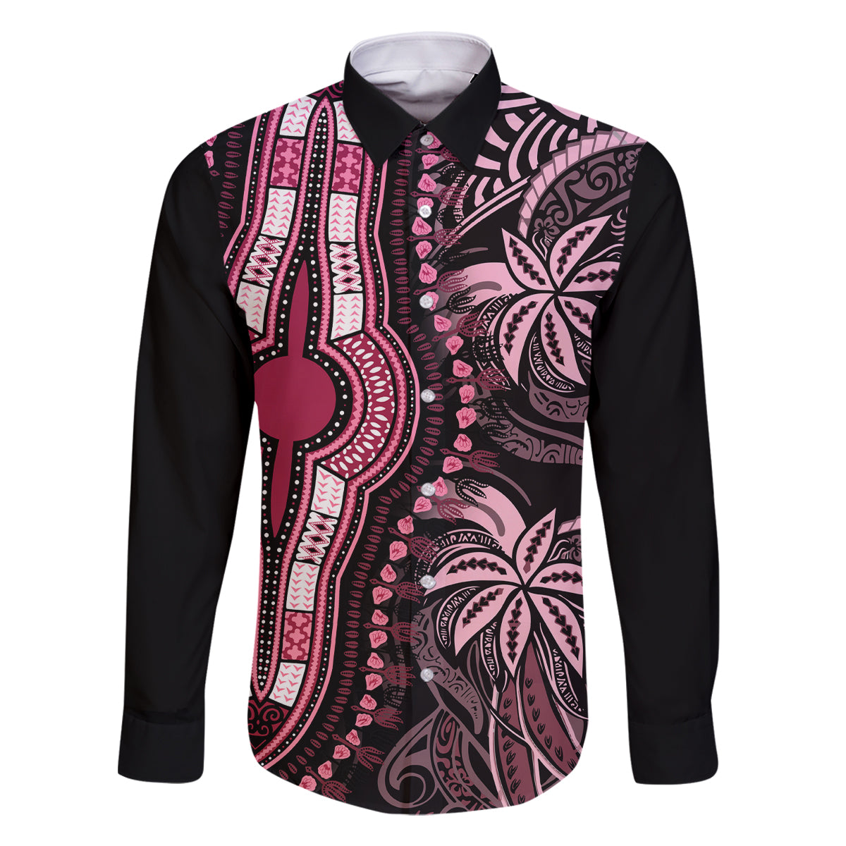 polynesia-dashiki-family-matching-off-shoulder-long-sleeve-dress-and-hawaiian-shirt-polynesia-and-africa-traditional-special-together-pink