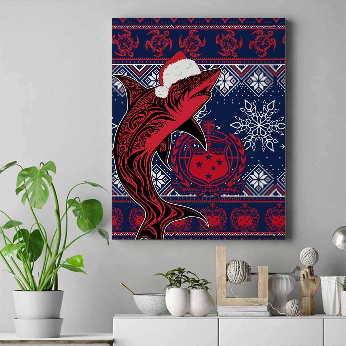 Samoa Manuia Le Kirisimasi Canvas Wall Art Samoan Fishing Tribal Pattern Christmas Vibe LT9 Red - Polynesian Pride