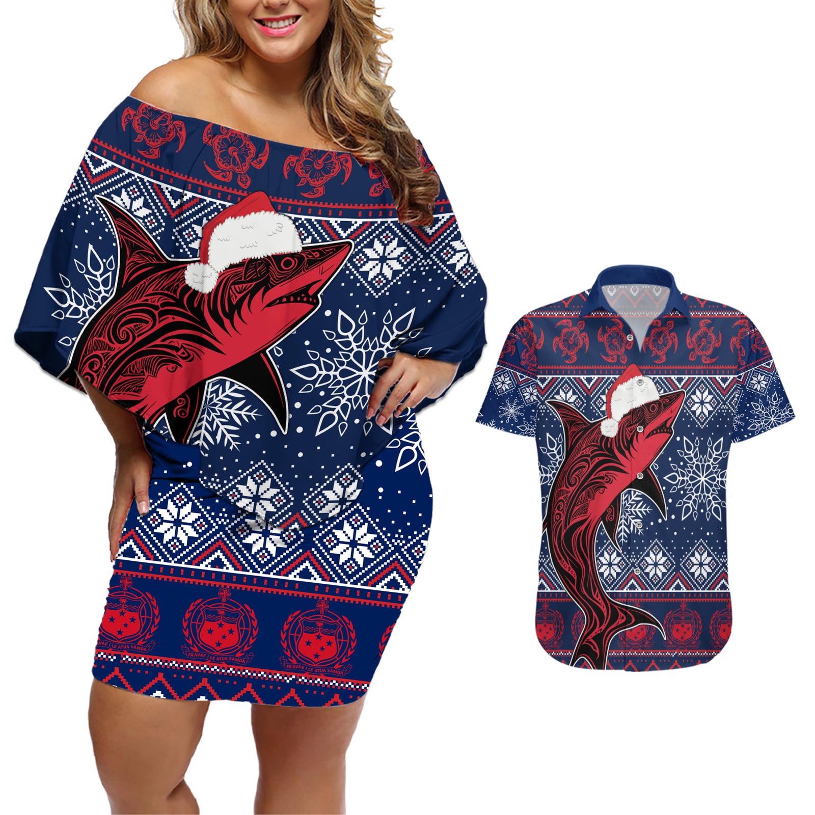 samoa-manuia-le-kirisimasi-couples-matching-off-shoulder-short-dress-and-hawaiian-shirt-samoan-fishing-tribal-pattern-christmas-vibe