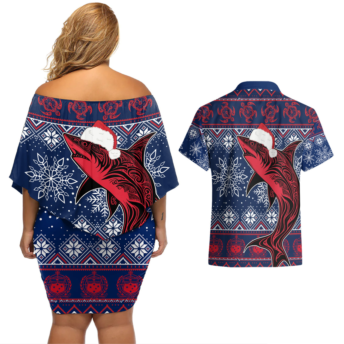 samoa-manuia-le-kirisimasi-couples-matching-off-shoulder-short-dress-and-hawaiian-shirt-samoan-fishing-tribal-pattern-christmas-vibe