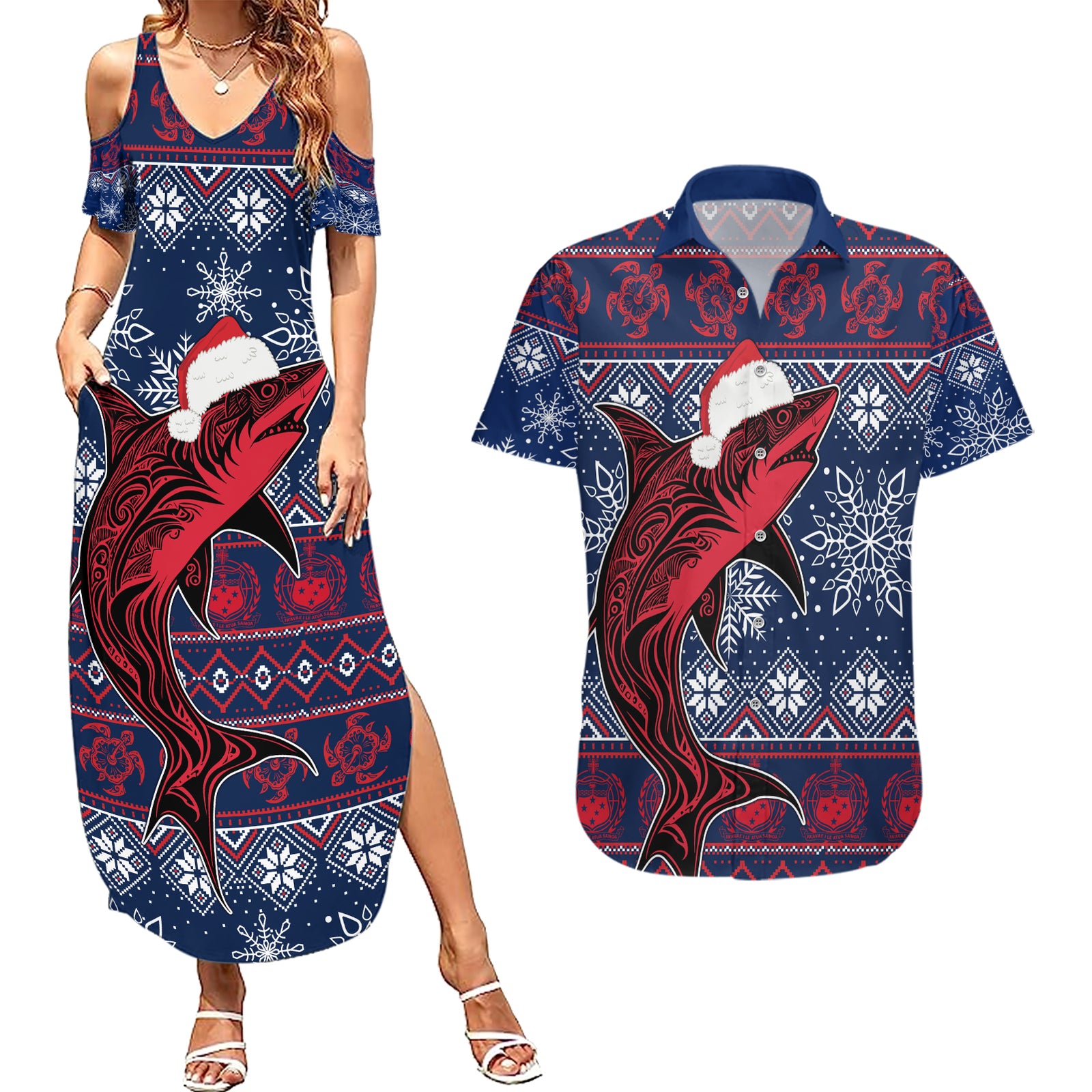 samoa-manuia-le-kirisimasi-couples-matching-summer-maxi-dress-and-hawaiian-shirt-samoan-fishing-tribal-pattern-christmas-vibe