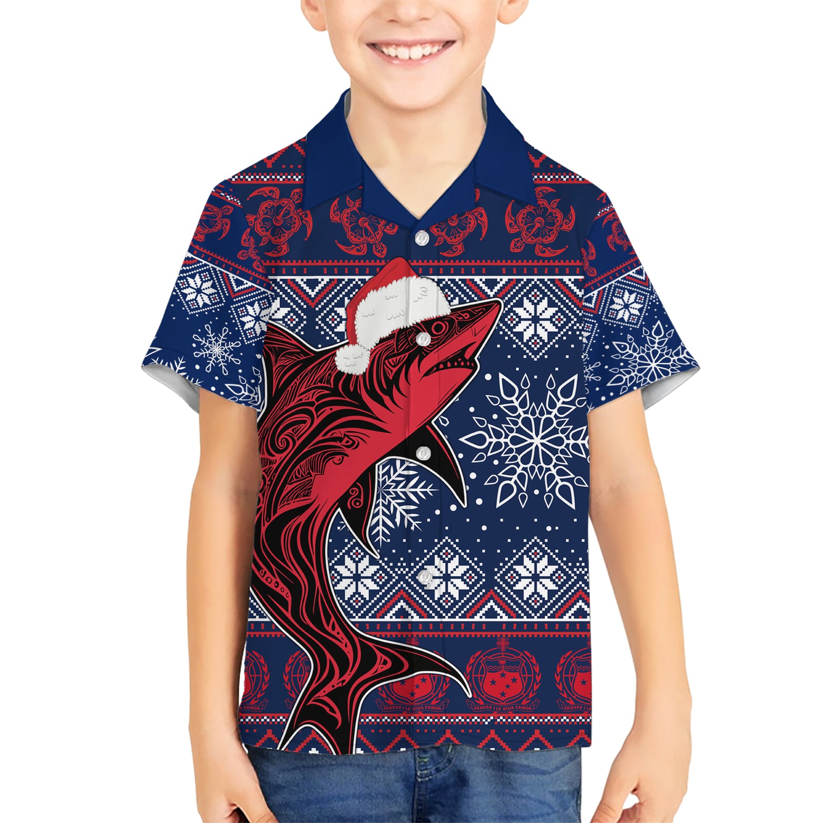 samoa-manuia-le-kirisimasi-kid-hawaiian-shirt-samoan-fishing-tribal-pattern-christmas-vibe
