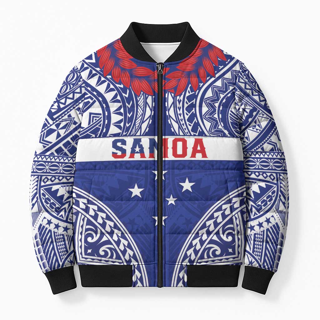 Personalised Toa Samoa Rugby Spirit Bomber Puffer Jacket Blue Samoan Tribal Pattern - Polynesian Pride