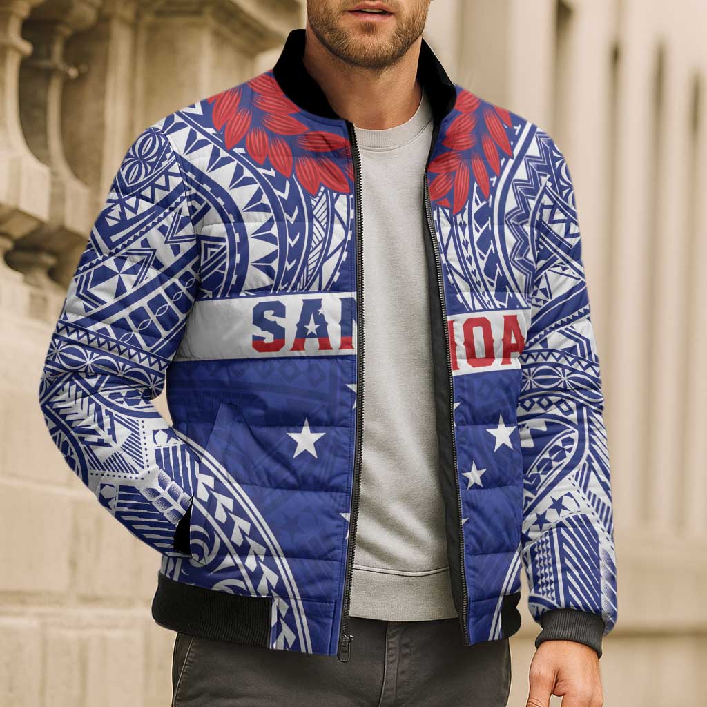 Personalised Toa Samoa Rugby Spirit Bomber Puffer Jacket Blue Samoan Tribal Pattern - Polynesian Pride
