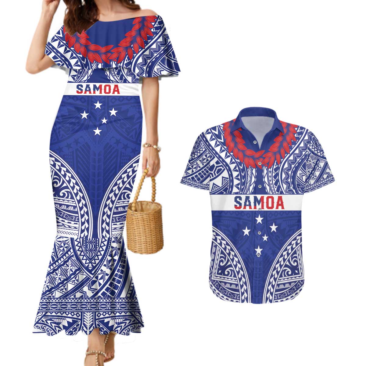 Personalised Toa Samoa Rugby Spirit Couples Matching Mermaid Dress and Hawaiian Shirt Blue Samoan Tribal Pattern - Polynesian Pride