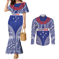 Personalised Toa Samoa Rugby Spirit Couples Matching Mermaid Dress and Long Sleeve Button Shirt Blue Samoan Tribal Pattern - Polynesian Pride