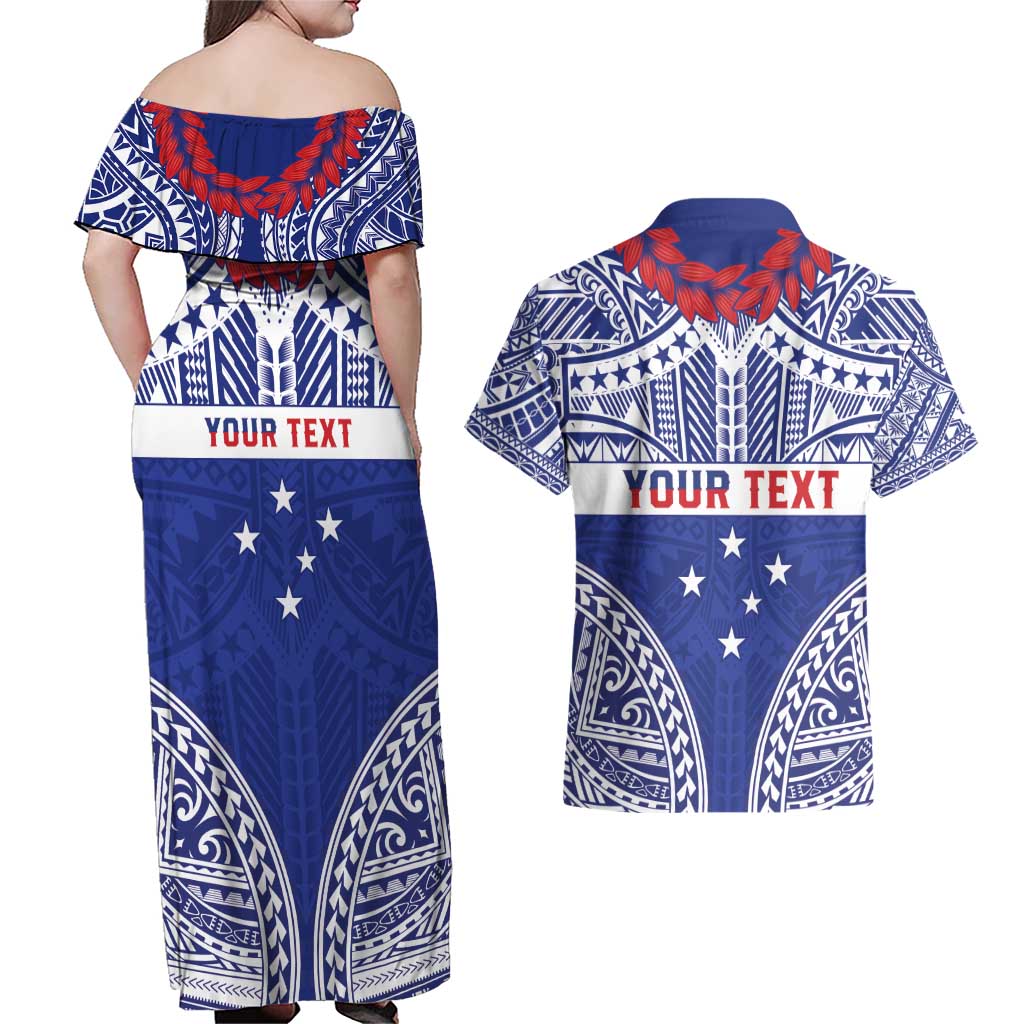 Personalised Toa Samoa Rugby Spirit Couples Matching Off Shoulder Maxi Dress and Hawaiian Shirt Blue Samoan Tribal Pattern - Polynesian Pride