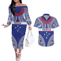 Personalised Toa Samoa Rugby Spirit Couples Matching Off The Shoulder Long Sleeve Dress and Hawaiian Shirt Blue Samoan Tribal Pattern - Polynesian Pride