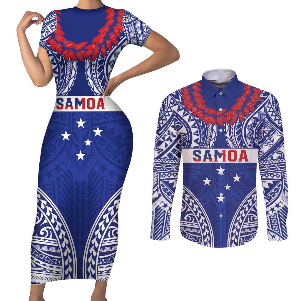 Personalised Toa Samoa Rugby Spirit Couples Matching Short Sleeve Bodycon Dress and Long Sleeve Button Shirt Blue Samoan Tribal Pattern - Polynesian Pride