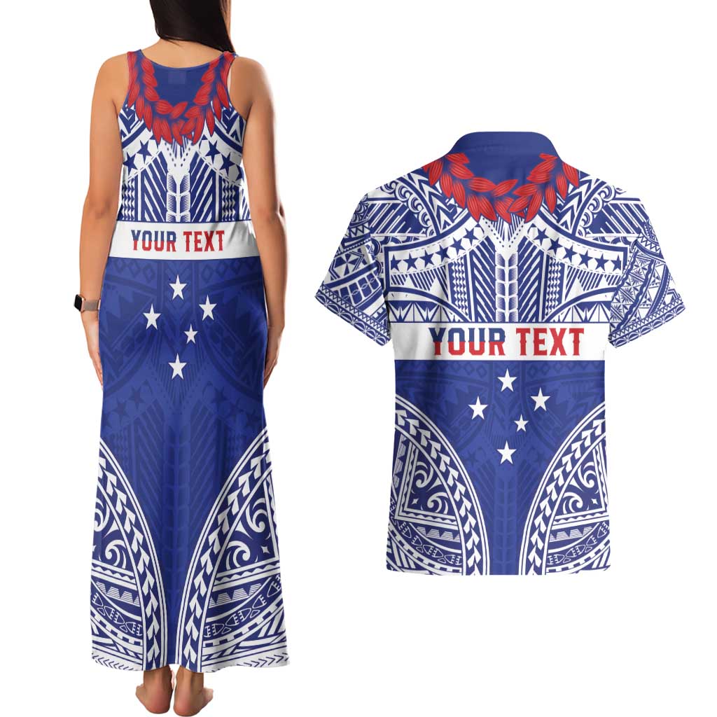 Personalised Toa Samoa Rugby Spirit Couples Matching Tank Maxi Dress and Hawaiian Shirt Blue Samoan Tribal Pattern - Polynesian Pride