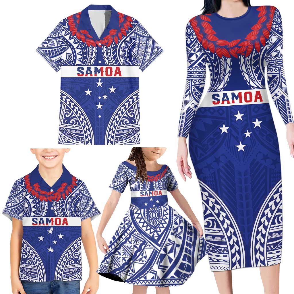 Personalised Toa Samoa Rugby Spirit Family Matching Long Sleeve Bodycon Dress and Hawaiian Shirt Blue Samoan Tribal Pattern - Polynesian Pride