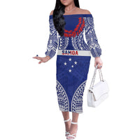 Personalised Toa Samoa Rugby Spirit Family Matching Off The Shoulder Long Sleeve Dress and Hawaiian Shirt Blue Samoan Tribal Pattern - Polynesian Pride