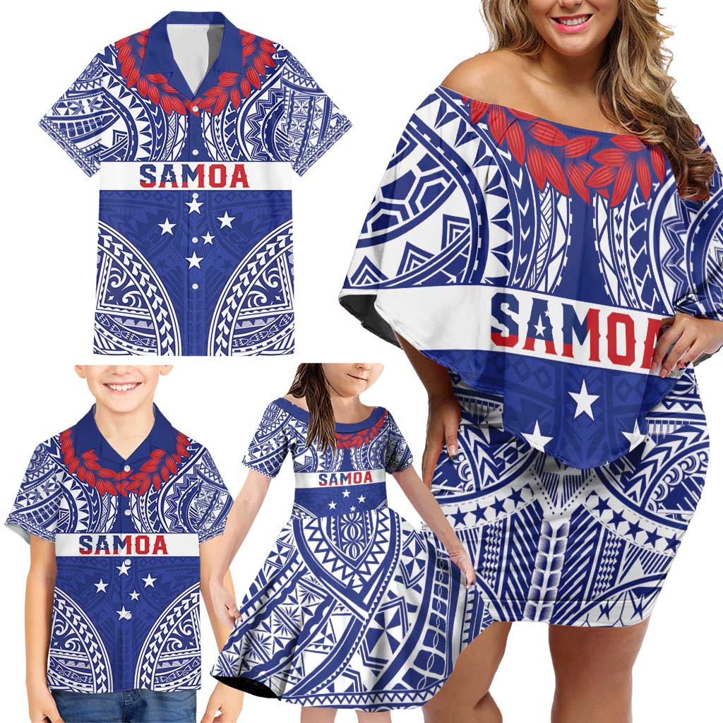Personalised Toa Samoa Rugby Spirit Family Matching Off Shoulder Short Dress and Hawaiian Shirt Blue Samoan Tribal Pattern - Polynesian Pride