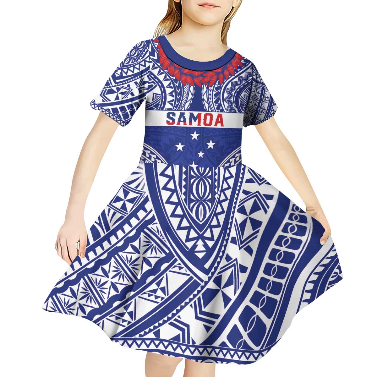 Personalised Toa Samoa Rugby Spirit Kid Short Sleeve Dress Blue Samoan Tribal Pattern - Polynesian Pride