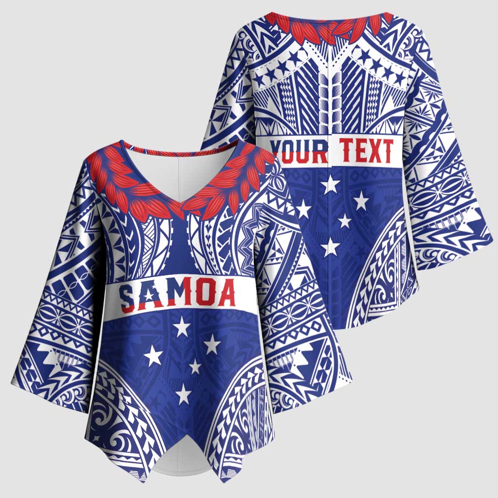 Personalised Toa Samoa Rugby Spirit Kimono Sleeve Blouse Blue Samoan Tribal Pattern - Polynesian Pride