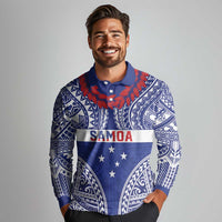 Personalised Toa Samoa Rugby Spirit Long Sleeve Polo Shirt Blue Samoan Tribal Pattern - Polynesian Pride