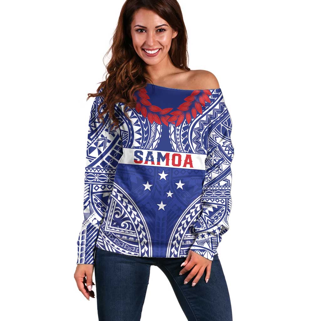 Personalised Toa Samoa Rugby Spirit Off Shoulder Sweater Blue Samoan Tribal Pattern - Polynesian Pride
