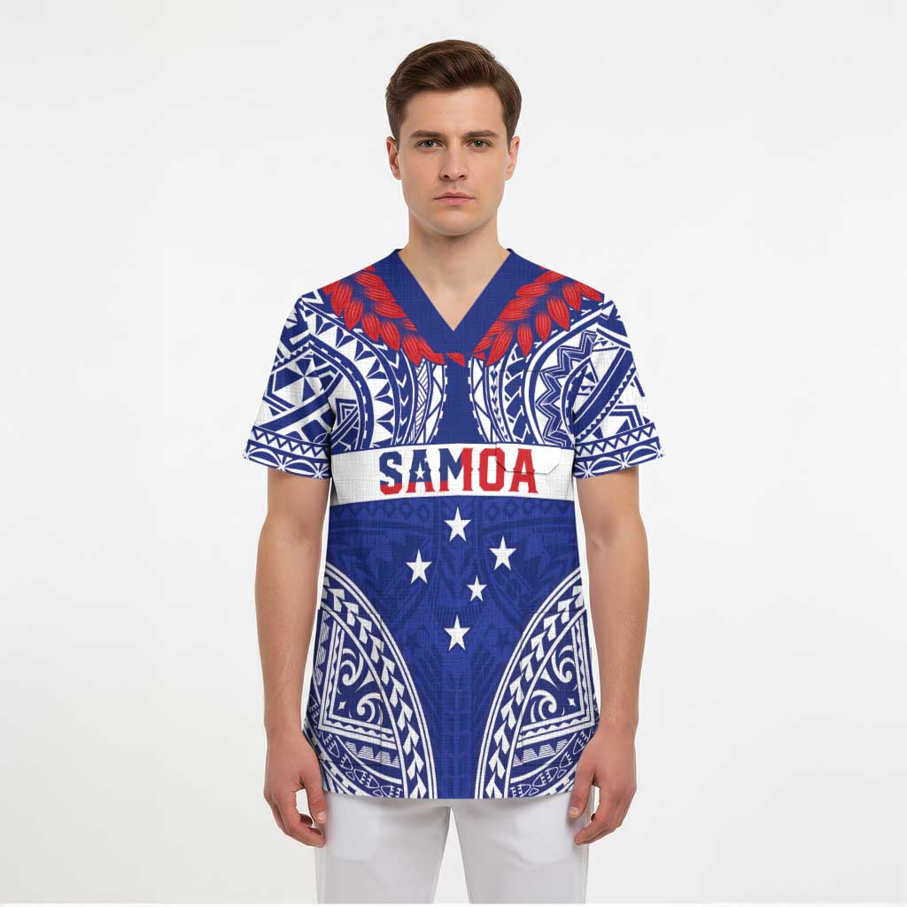 Personalised Toa Samoa Rugby Spirit Scrub Top Blue Samoan Tribal Pattern - Polynesian Pride