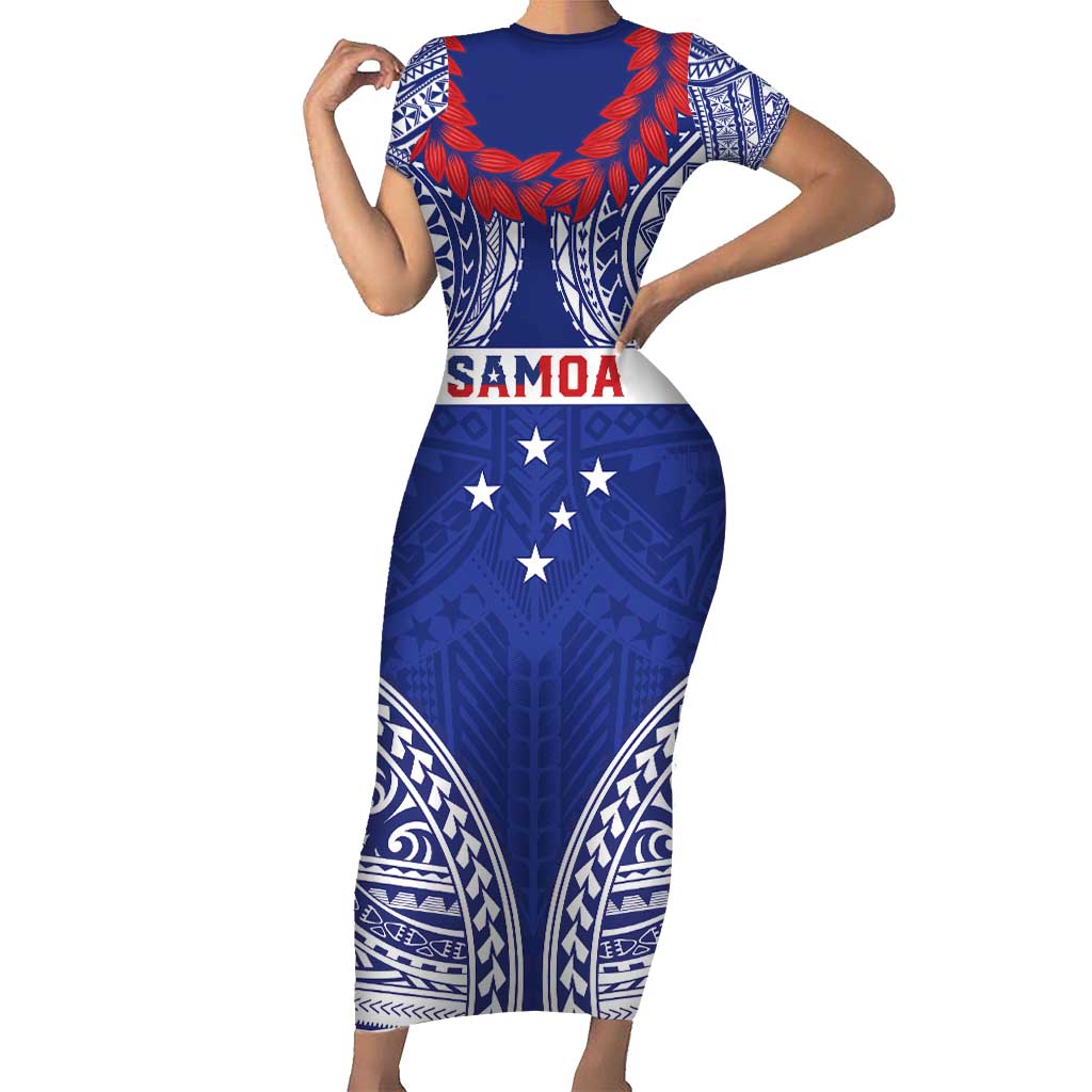 Personalised Toa Samoa Rugby Spirit Short Sleeve Bodycon Dress Blue Samoan Tribal Pattern - Polynesian Pride
