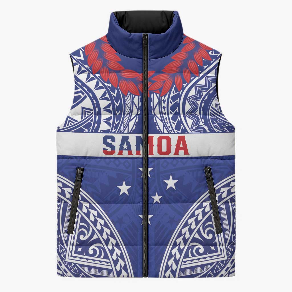 Personalised Toa Samoa Rugby Spirit Sleeveless Puffer Jacket Blue Samoan Tribal Pattern - Polynesian Pride
