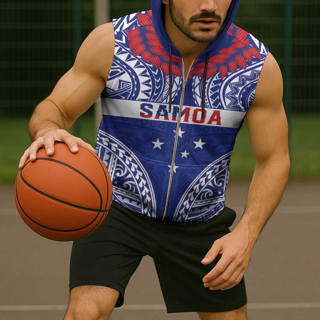 Personalised Toa Samoa Rugby Spirit Sleeveless Zip Hoodie Blue Samoan Tribal Pattern - Polynesian Pride