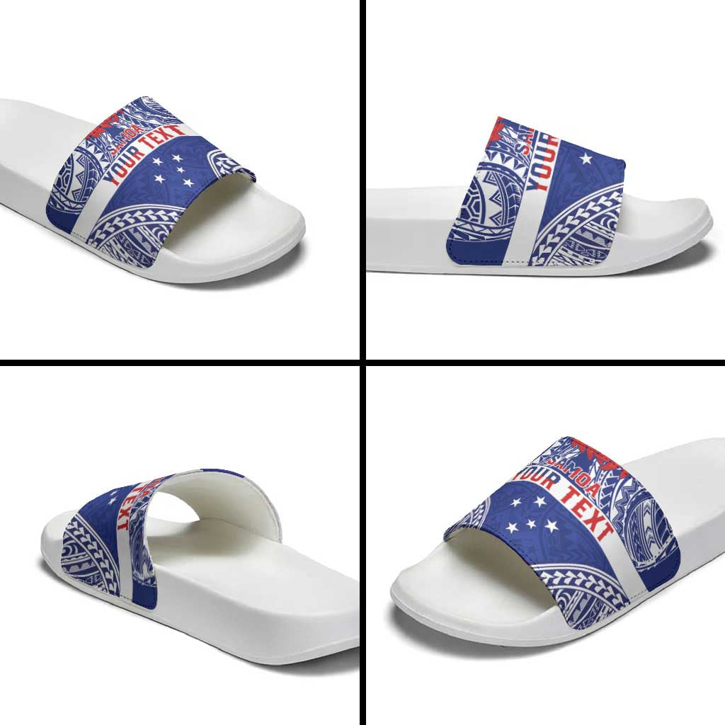 Personalised Toa Samoa Rugby Spirit Slide Sandals Blue Samoan Tribal Pattern LT9 - Polynesian Pride